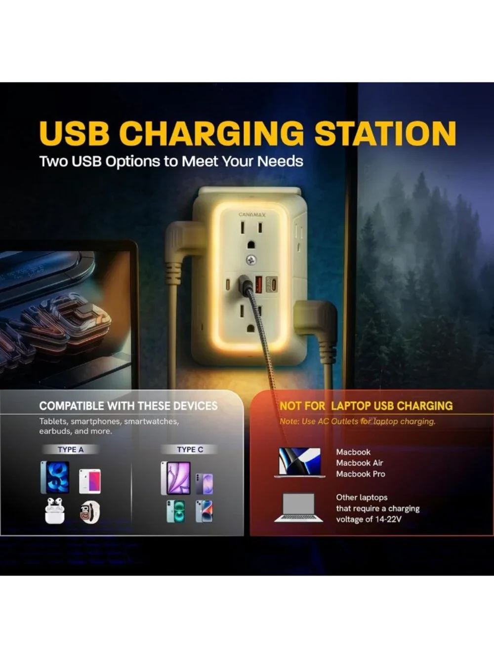 6 Outlet Wall Plug Extender with 4 USB Ports, Fast Charging, Surge Protector